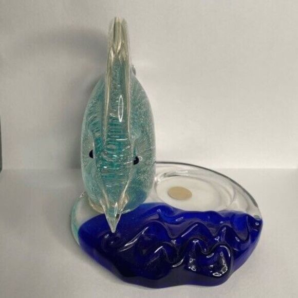 VTG PartyLite Art Glass Sparkly Blue Tropical Fish Tea Light Candle Holder 4" T - Picture 3 of 12